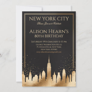 Invitación Nueva York 80 Cumpleaños Dorado Negro