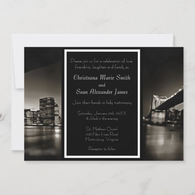 Invitación Nueva York blanca y negra moderna en Boda nocturno (Anverso)