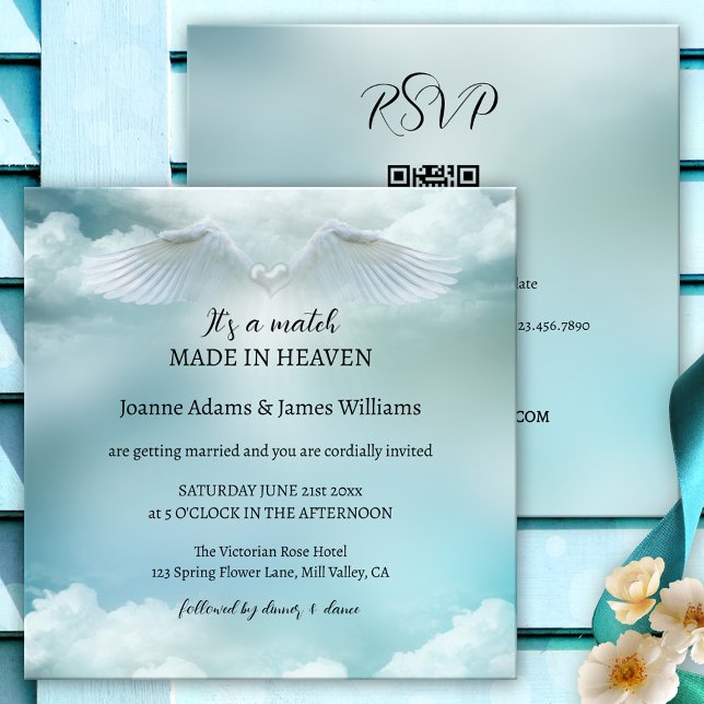 Invitación Nueve ángeles en la nube todo en un Boda (Pastel turquoise wedding invitation featuring angel wings with a heart on a soft dreamy cloud nine)