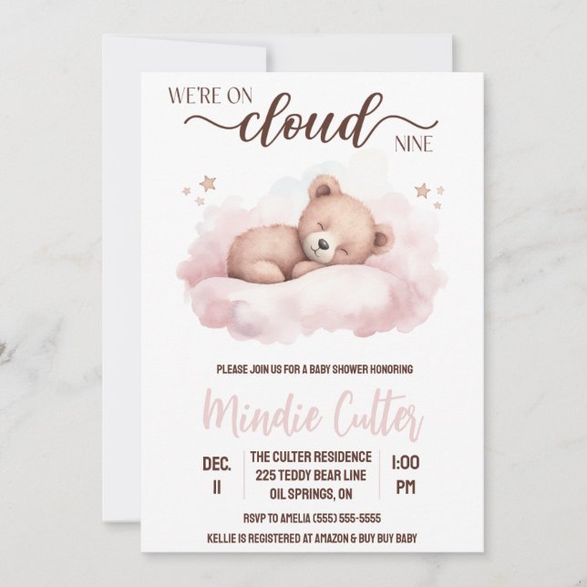 Invitación Nueve en la nube, Baby Shower de oso de peluche co (Anverso)