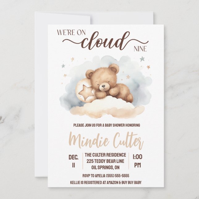 Invitación Nueve en la nube, durmiente Baby Shower de osito d (Anverso)