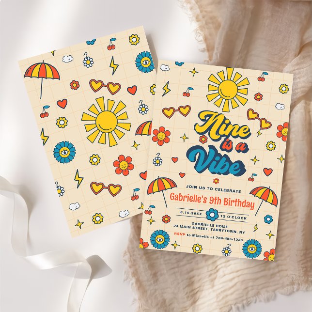 Invitación Nueve es un Vibe Groovy Retro Daisy 9º cumpleaños (Subido por el creador)