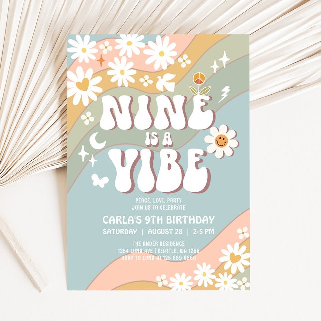 Invitación NUEVE es una Vibra Daisy Hippie Cumpleaños Retro 7 (Subido por el creador)