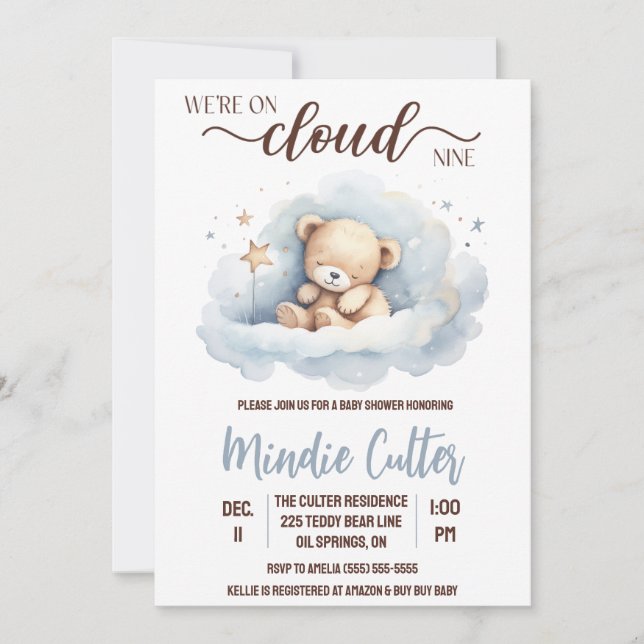 Invitación Nueve nubes, Baby Shower de oso de peluche de duel (Anverso)