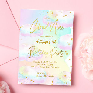 Invitación Nueve nubes de arcoiris pastel cumpleaños