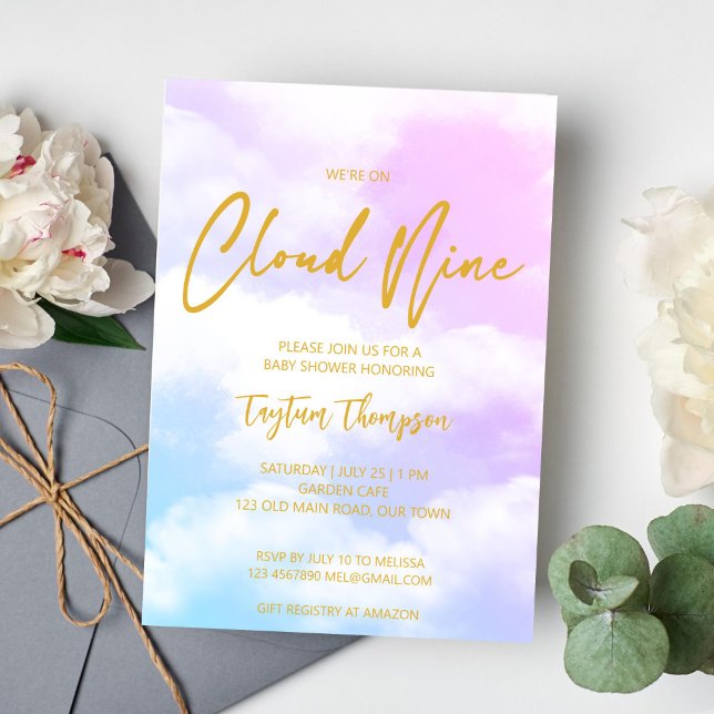 Invitación Nueve nubes de ducha de bebé rosa y azul (Cloud nine baby shower invitation pink and blue ombre clouds modern gold script template invite)