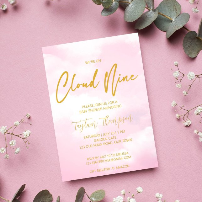 Invitación Nueve nubes de ducha de bebé rosa y dorada (Cloud nine baby shower invitation template pink and gold on cloud nine invite instant download)