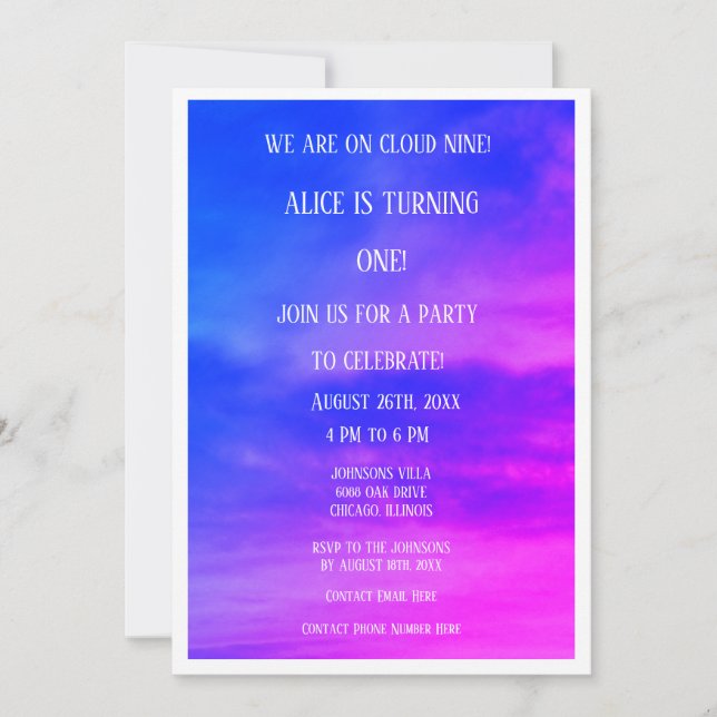 Invitación Nueve nubes primer primer cumpleaños código QR azu (Anverso)