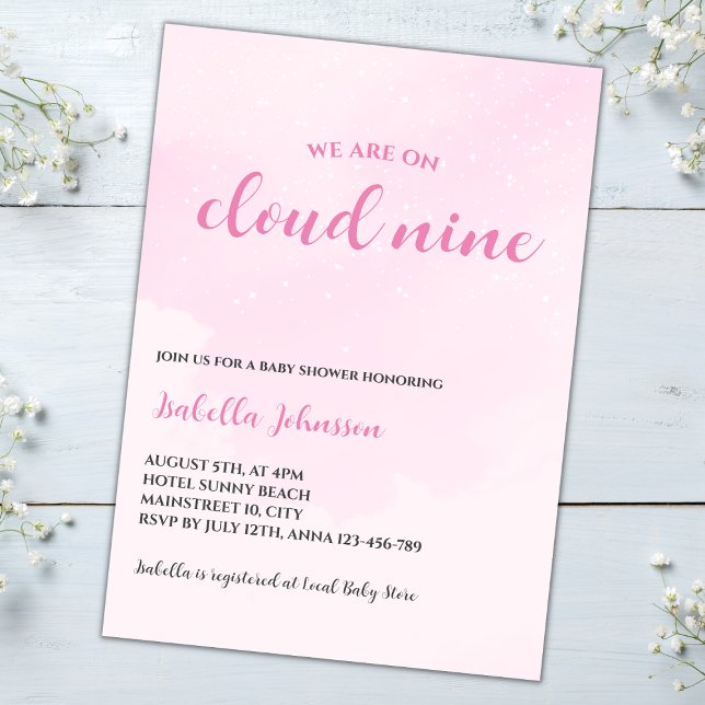 Invitación Nueve nubes rosadas Baby Girl Baby Shower (cloud nine baby girl shower invitation pink clouds)