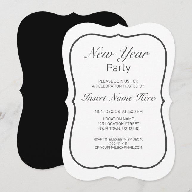 Invitación Nuevo año blanco Minimalista moderno negro (Anverso / Reverso)