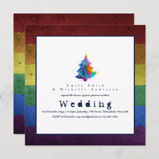 Invitación Nuevo árbol de Navidad arcoíris LGBT Orgullo Bodas (Anverso / Reverso)