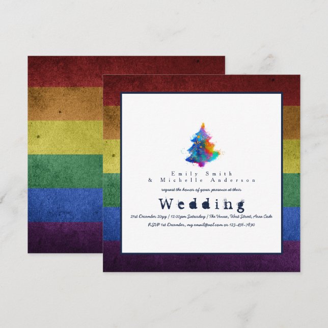 Invitación NUEVO árbol de Navidad Rainbow Bodas del Orgullo L (Anverso / Reverso)