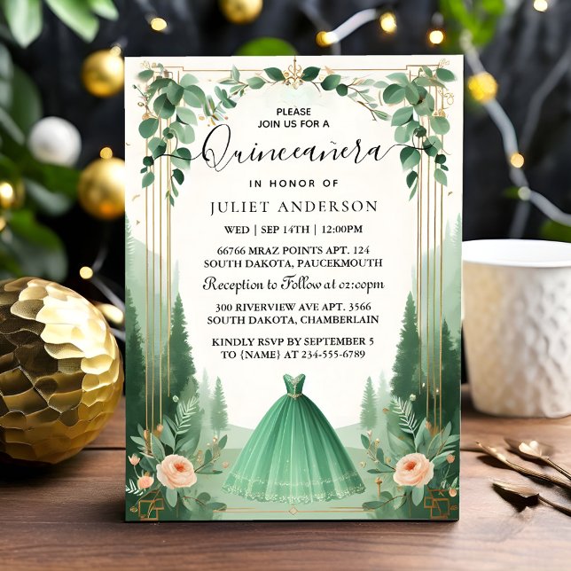 Invitación Nuevo árbol Moneda de oro Glam verde esmeralda Qui (Subido por el creador)