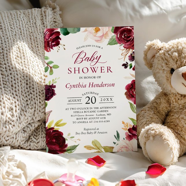 Invitación ¡NUEVO! Bonito Rubor burdeos floral de Baby Shower (Subido por el creador)