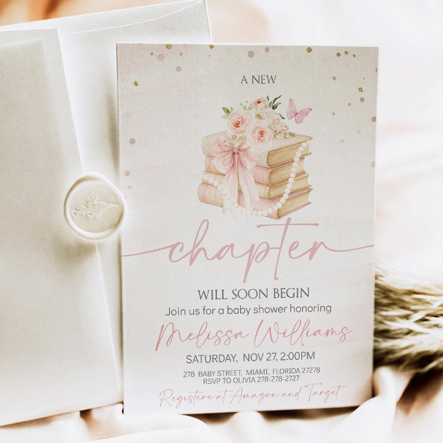 Invitación Nuevo capítulo arco flores silvestres mariposas Ba (A baby shower invitation with soft wildflowers, fluttering butterflies, and a satin pink bow, featur)