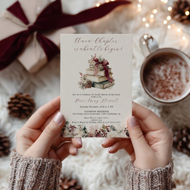 Invitación Nuevo capítulo de ducha de novias de guion de invi (New Chapter Rustic Winter Storybook Bridal Shower Invitation)
