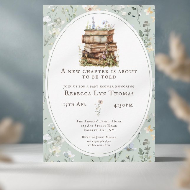 Invitación Nuevo capítulo de la acuarela de la ducha de bebé, (baby shower new chapter green flower)