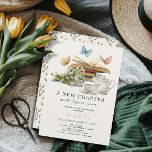 Invitación Nuevo capítulo del juego de té mariposas libro de<br><div class="desc">Esta elegante "un nuevo capítulo empezará pronto" la invitación a la fiesta para bebés con ducha/brunch/té tiene un fondo crema con una pila de libros, mariposas, un ramo de flores, tetera y té con acuarela. El reverso presenta un fondo de color crema con motivos florales. Personalízalo para tus necesidades. Puedes...</div>