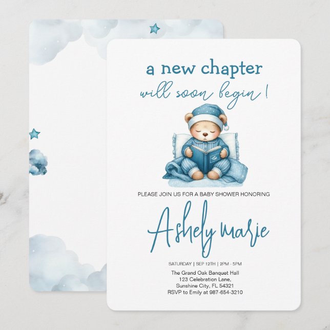 Invitación Nuevo capítulo Teddy azul niño ducha de bebé Bear (Anverso / Reverso)