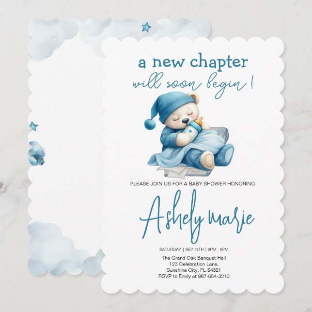 Invitación Nuevo capítulo Teddy azul niño ducha de bebé Bear (Anverso / Reverso)