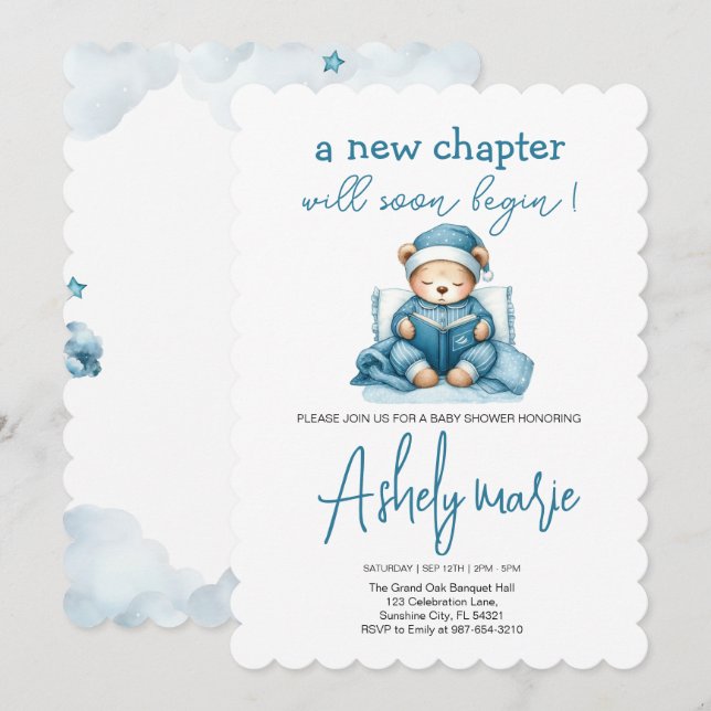 Invitación Nuevo capítulo Teddy azul niño ducha de bebé Bear (Anverso / Reverso)
