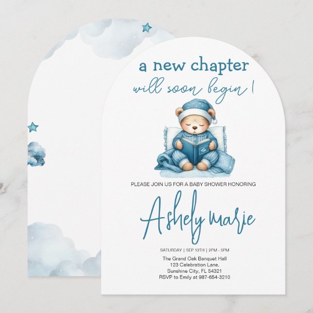 Invitación Nuevo capítulo Teddy azul niño ducha de bebé Bear (Anverso / Reverso)