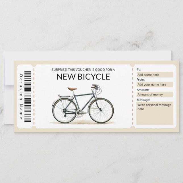 Invitación Nuevo cupón para regalo de bicicleta editable (Anverso)