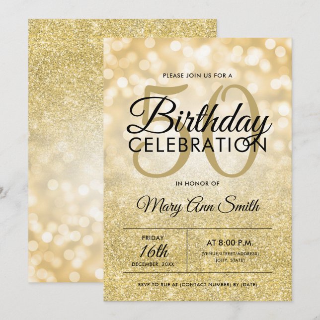 Invitación ¡NUEVO! Elegante 50.ª luz Purpurina de oro de cump (Anverso / Reverso)