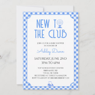 Invitación Nuevo En El Club Azul Gingham Golf Baby Shower