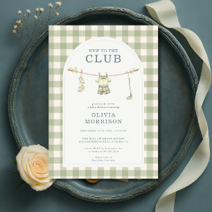 Invitación Nuevo en el Club de Golf Verde Gingham Baby Shower