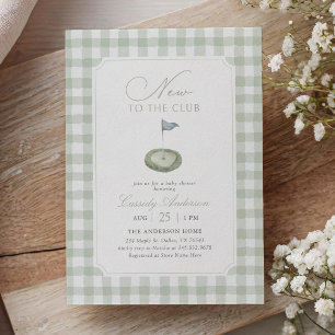 Invitación Nuevo en el Club Sage Gingham Golf Baby Shower