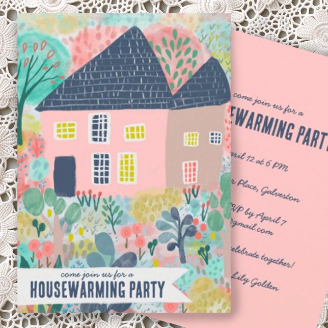 Invitación Nuevo hogar cálido Fiesta de acuarela de jardín ac (Custom housewarming party invite with handmade house and garden cute illustration watercolor)
