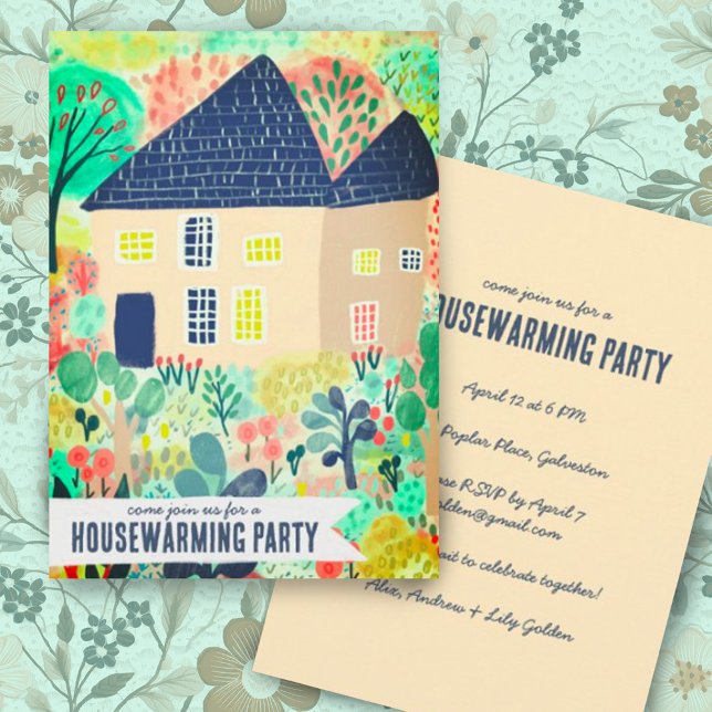 Invitación Nuevo hogar cálido Fiesta de acuarela de jardín ac (Sweet watercolor colorful house and garden art on custom housewarming invitation, avail as digital)