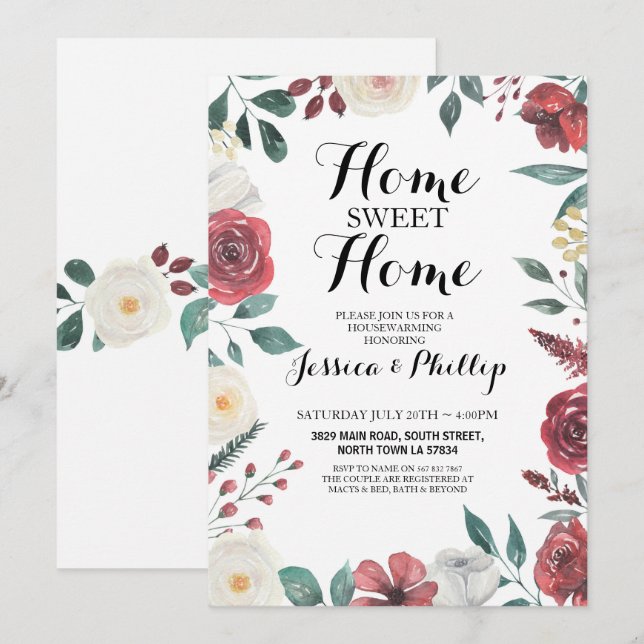 Invitación Nuevo hogar cálido follaje rojo floral (Anverso / Reverso)