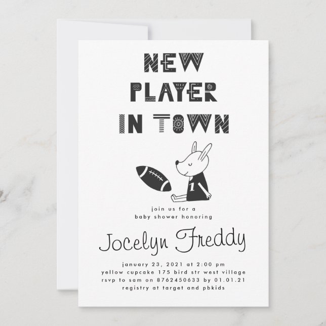Invitación Nuevo jugador blanco y negro en Town Boy Baby Show (Anverso)