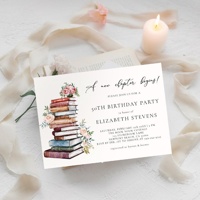 Invitación Nuevo libro de capítulo Lover Bookworm Adultos Cum (a new chapter birthday party invitation milestone book lover bookworm library literary floral roses )