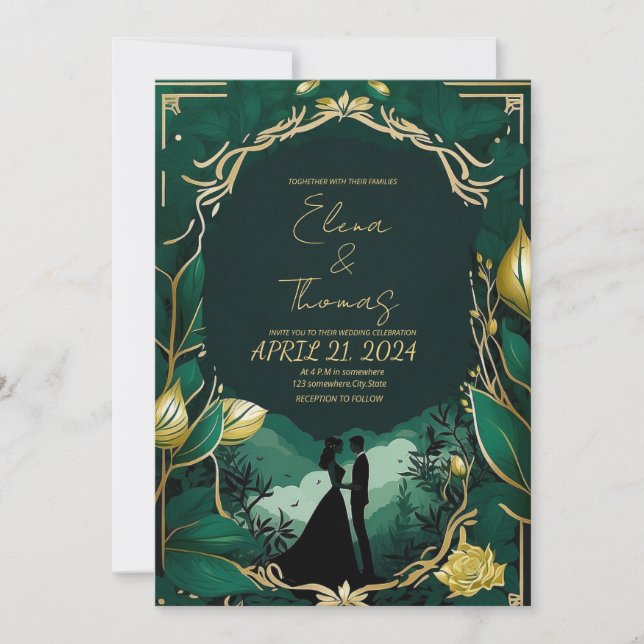 Invitación Nuevo oro romántico y verde esmeralda (Anverso)