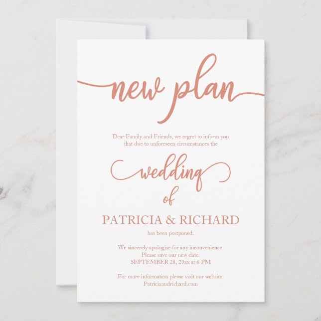 Invitación Nuevo plan pospuesto Boda elegante Rosa oro (Anverso)