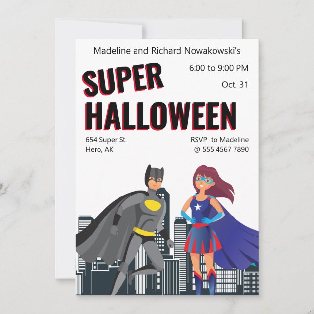 Invitación Nuevo superhéroe niños Halloween Party Cuestan Val (Anverso)
