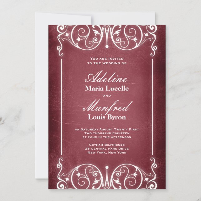 Invitación Nuevo Victoriano: Borgoña y Boda blanco (Anverso)