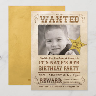 Invitación Nuevo y buscado Poster Cowboy Western Birday Party