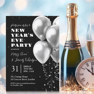 Invitación Nuevos años Eve Silver Confetti Globos Negro