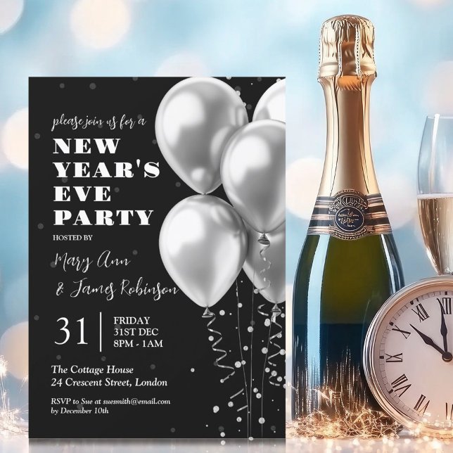 Invitación Nuevos años Eve Silver Confetti Globos Negro (New Years Eve Silver Confetti Balloons Black Invitation)