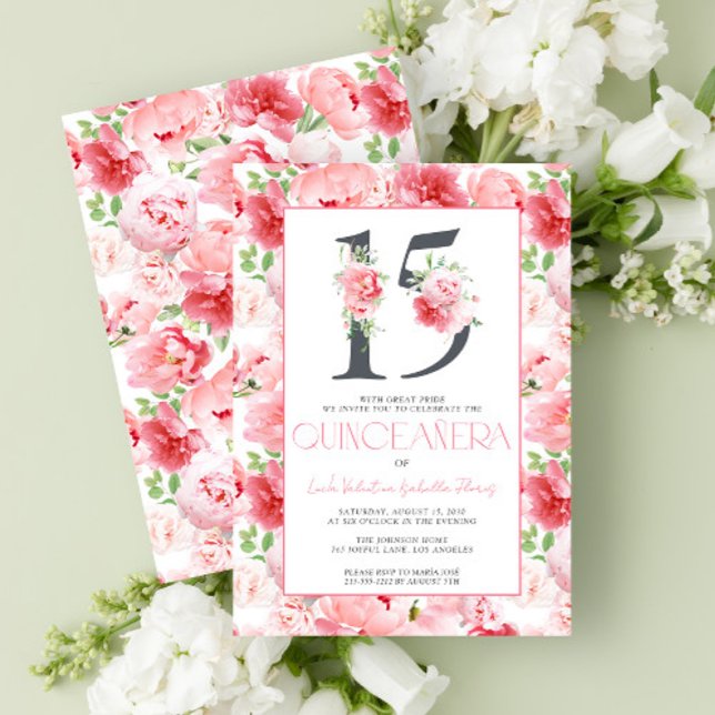 Invitación Número 15 Elegante Floral Rosa Moderna Quinceañera (Subido por el creador)