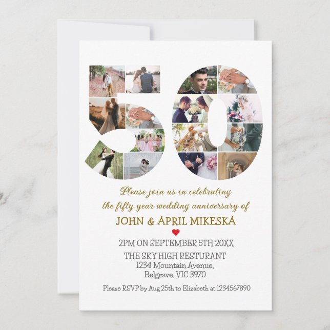 Invitación Número cincuenta años de Boda fotográfico Personal (Anverso)