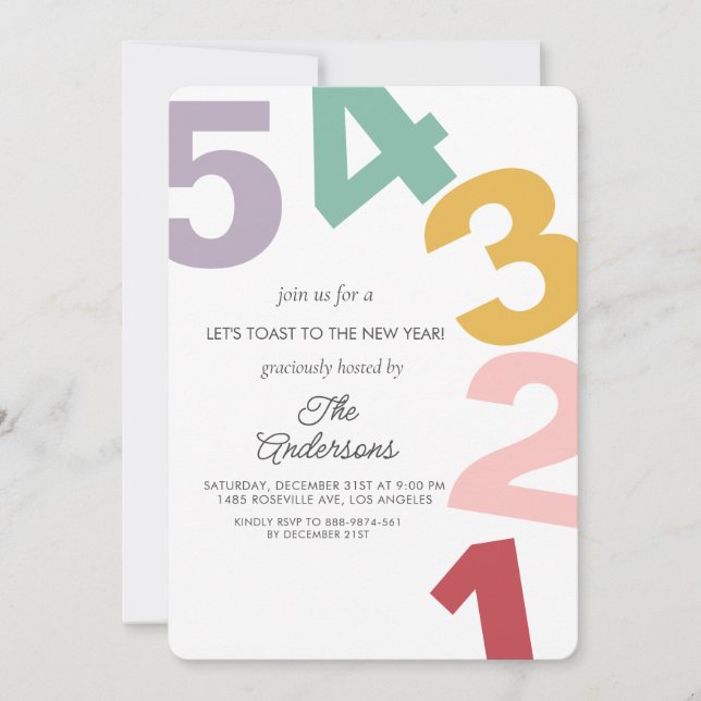 Invitación Número colorido Año nuevo Fiesta de la víspera (Anverso)