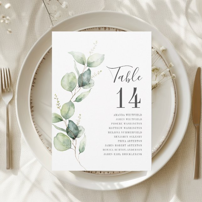 Invitación Número de asiento Boda de la tabla de vegetación E (Eucalyptus Greenery Table Number Wedding Seating)