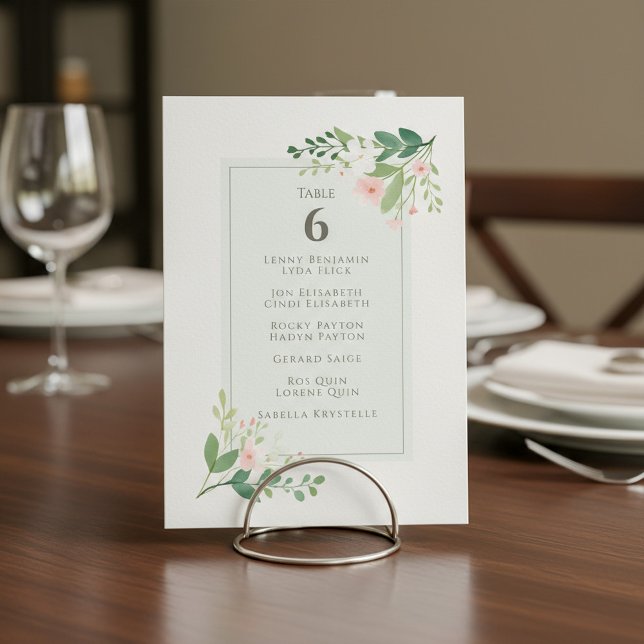 Invitación Número de asiento de mesa floral verde y rosa suav (Soft green and pink Floral Table Number Seating card.)