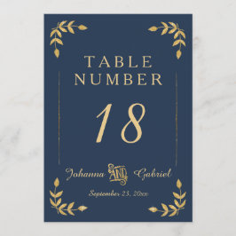 Invitación Número de la mesa de oro azul de la Marina de Leaf