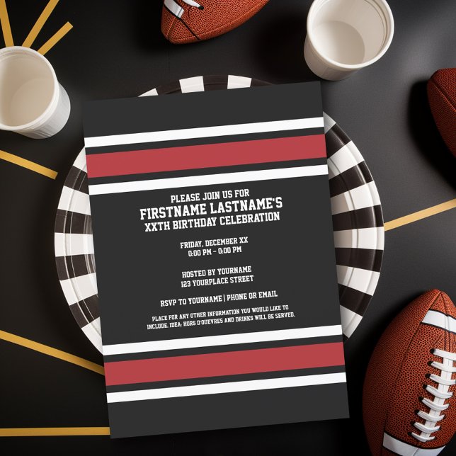 Invitación Número de nombre personalizado de Black and Red Sp (Birthday Party Invitation - Sports Theme - Football Party Invitation)